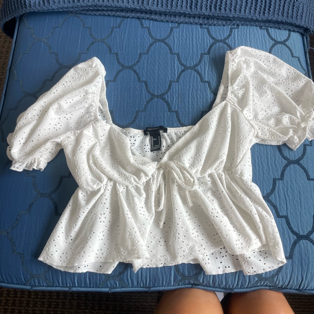 Forever 21 White Puff Sleeve Peplum Blouse